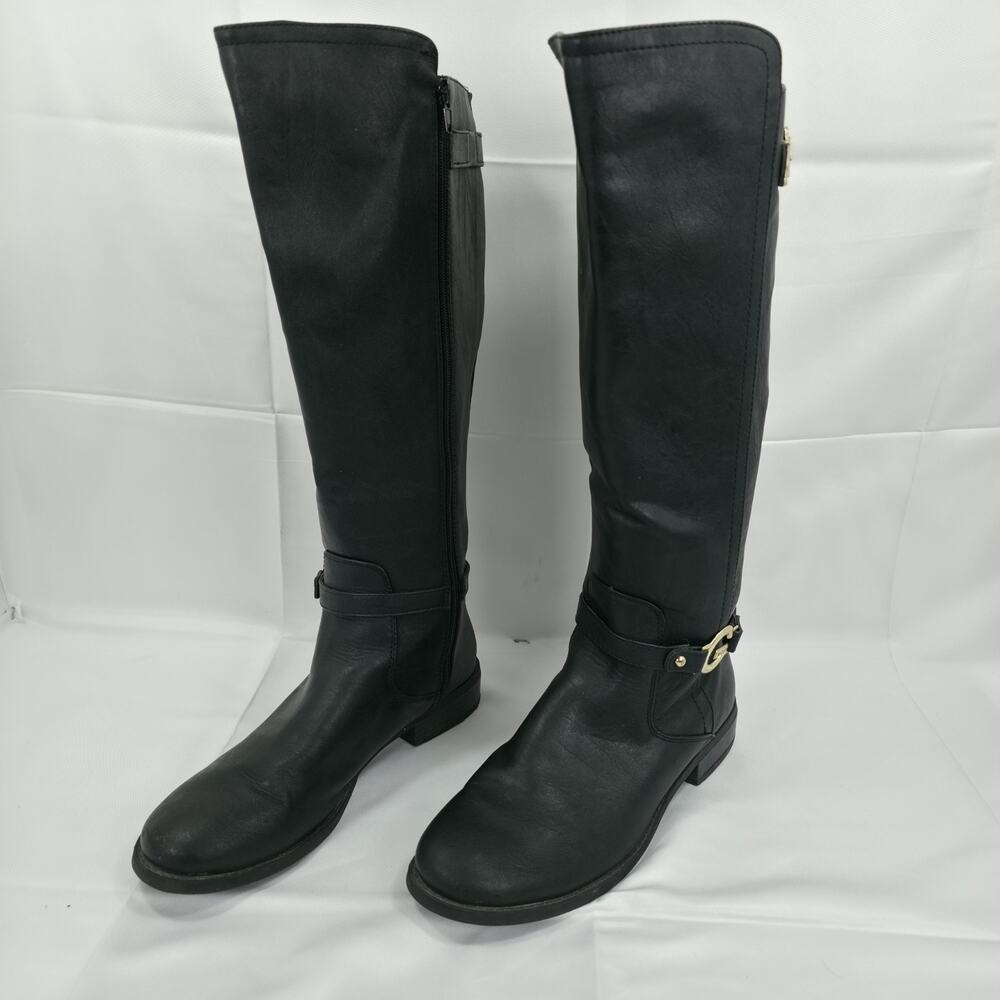 G by GUESS Womens 9.5 Black Knee High Riding Boots Gold Buckle Zip Equestrian